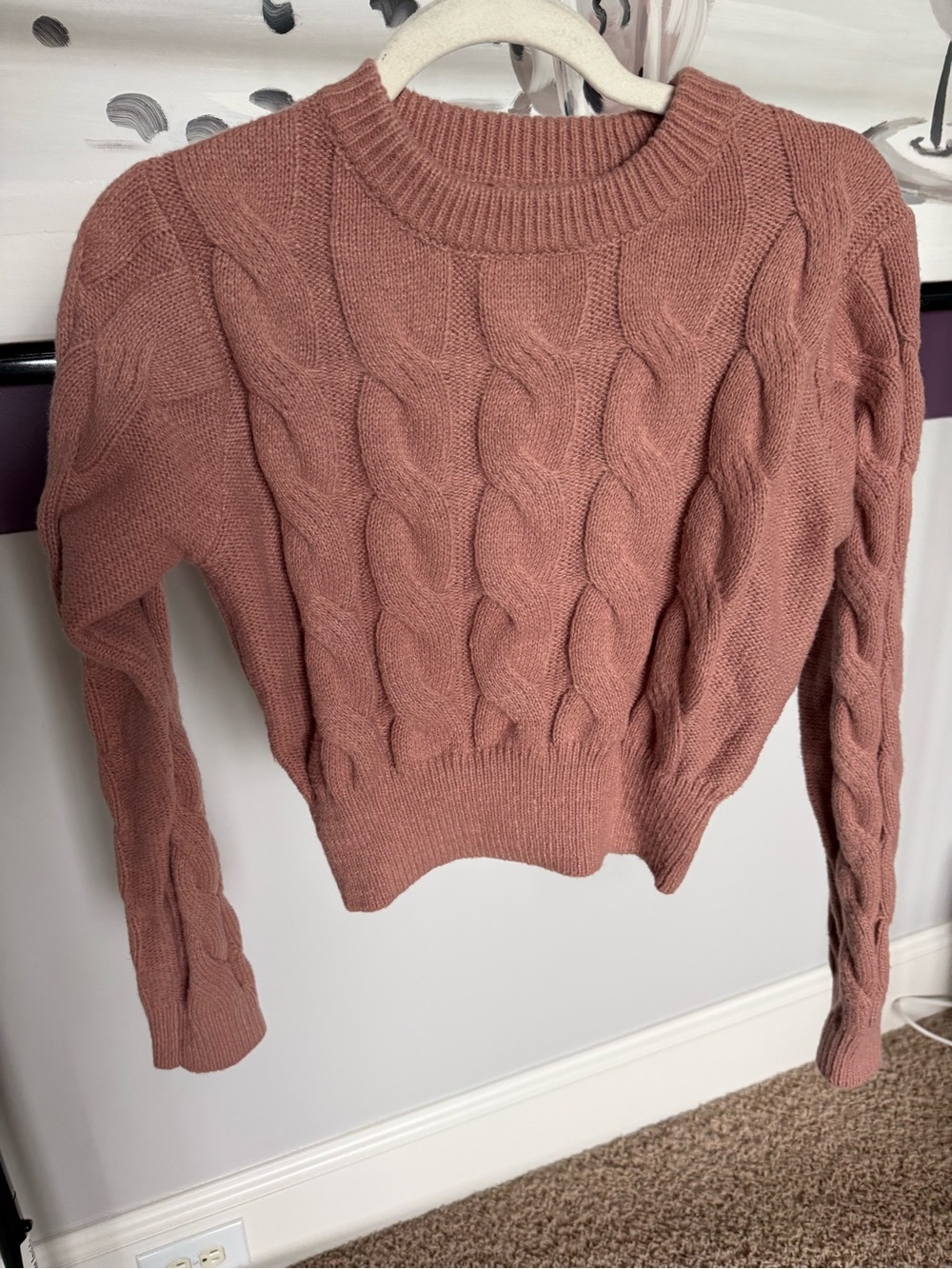 Altar'd State Cropped Cable Knit Crewneck Sweater in Mauve